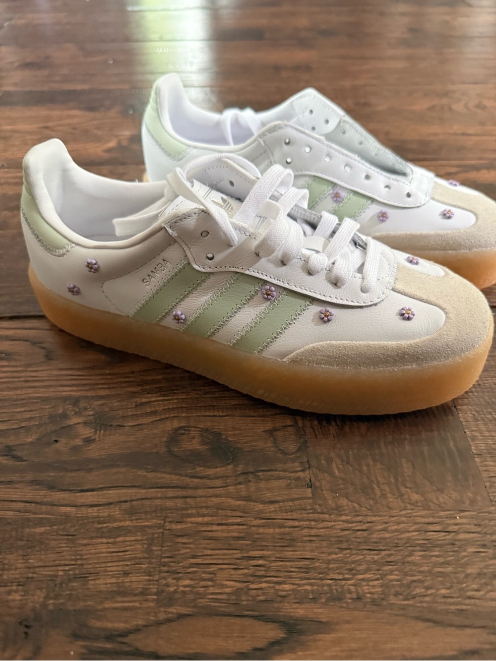 adidas White Sneakers with Mint Stripes and Lavender Floral Accents